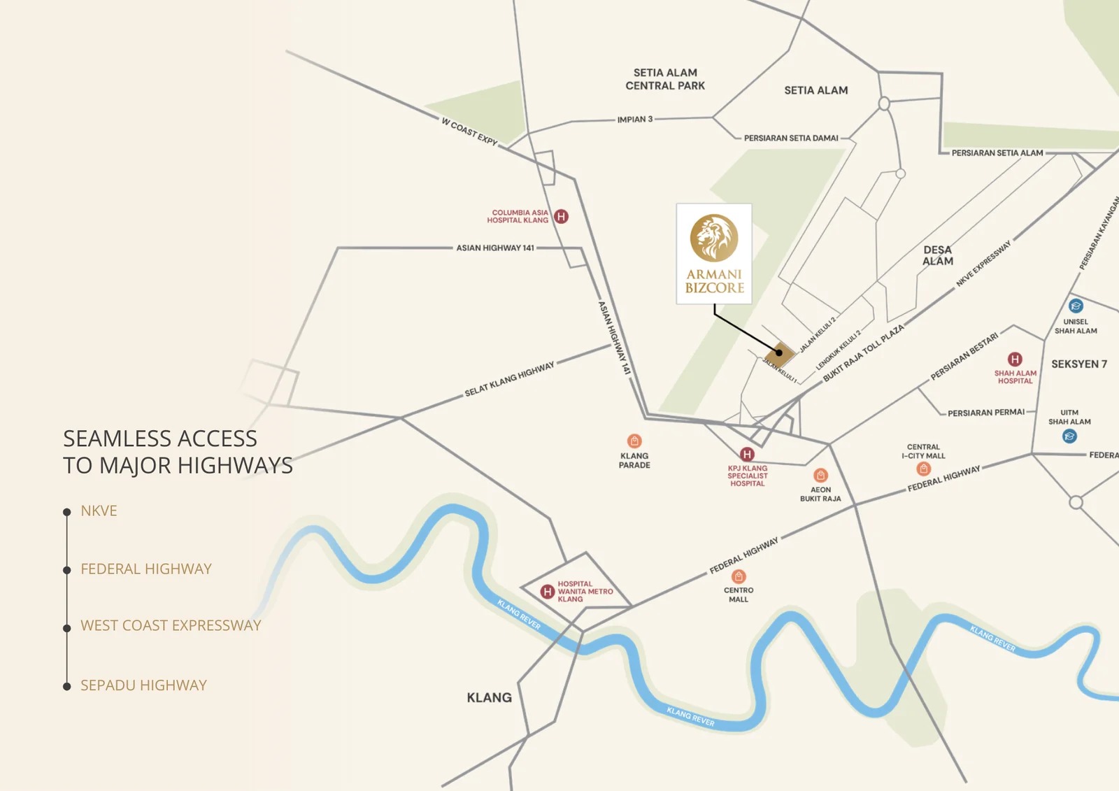 Armani Bizcore location map showing access to KESAS, Federal Highway, ELITE, NKVE, Subang Airport and Port Klang from Shah Alam